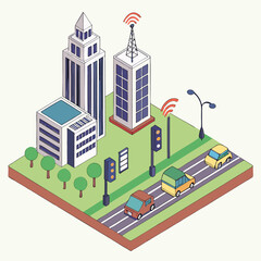 Smart city concept .Isometric Smart City with Renewable Energy and Eco Transport.  Outline isometric illustration.