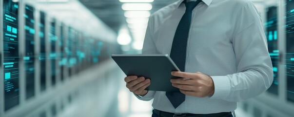 Businessman holding a tablet in a data center environment.