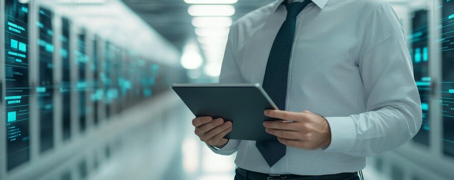 Businessman holding a tablet in a data center environment.