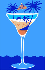 Tropical Beach Scene in Martini Glass Cocktail Illustration