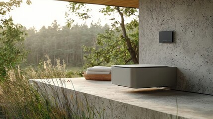 Modern outdoor toilet with minimalist design, situated on a stone patio overlooking a serene forest landscape