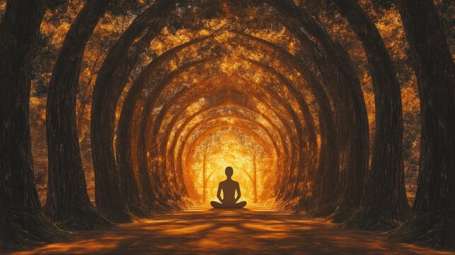 Meditative person in golden forest tunnel peaceful nature scene - Powered by Adobe