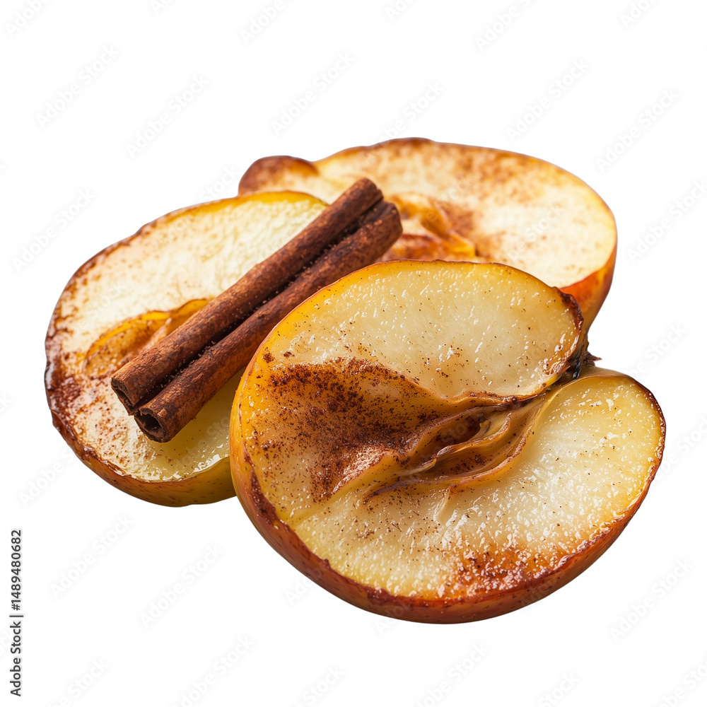Poster dried baked apple slices with a cinnamon stick on top. isolated on white background and transparent 