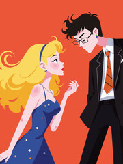 A playful interaction between a girl and a boy at a computer desk showcases creativity, connection, and collaboration in a flirtatious manner, capturing youthful energy