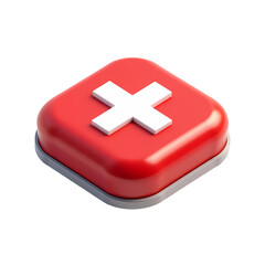Isometric red square button with a white plus sign centered isolated background isolated on transparent backgruond
