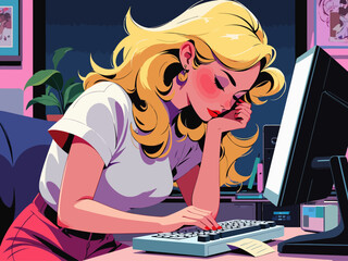 A playful interaction between a girl and a boy at a computer desk showcases creativity, connection, and collaboration in a flirtatious manner, capturing youthful energy