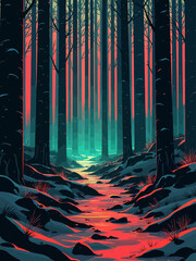  captivating view of a tranquil forest pathway illuminated by a vibrant palette of fiery red and cool teal hues, evoking a sense of wonder and serenity in nature