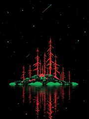  captivating view of a tranquil forest pathway illuminated by a vibrant palette of fiery red and cool teal hues, evoking a sense of wonder and serenity in nature