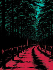  captivating view of a tranquil forest pathway illuminated by a vibrant palette of fiery red and cool teal hues, evoking a sense of wonder and serenity in nature