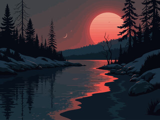  captivating view of a tranquil forest pathway illuminated by a vibrant palette of fiery red and cool teal hues, evoking a sense of wonder and serenity in nature