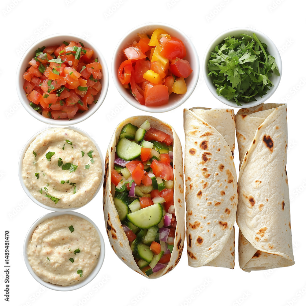 Poster a variety of dips and fresh vegetables served with rolled flatbreads in bowls on a dark surface. iso