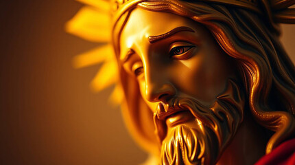 Close-up detail of a gold-colored statue depicting a figure believed to be Jesus Christ.