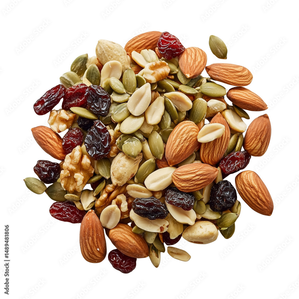 Poster a variety of mixed seeds and nuts arranged in a pile, showcasing their different shapes, sizes, and 
