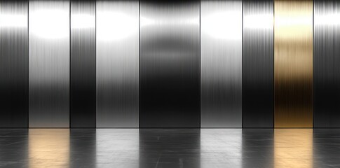 Row of vertical shiny metal panels in silver and gold with brushed texture reflecting light on glossy dark floor, creating symmetrical minimalist pattern