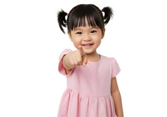 Smiling Girl Pointing Finger at Camera on Transparent Background
