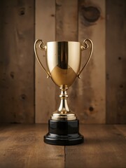 A gold trophy with handles and base sits on a wooden table.