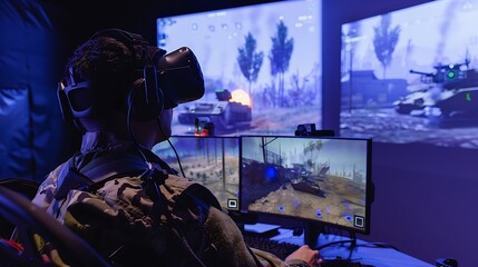 Man using vr headset playing military simulation game with tanks on multiple screens in dark room .