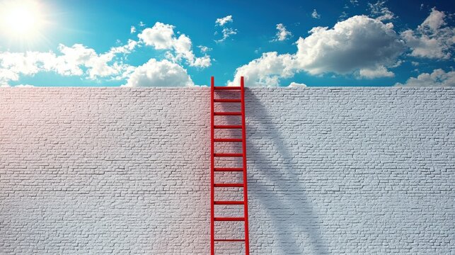 Red ladder leaning against a white brick wall reaching towards a bright blue sky with fluffy clouds and sunshine, symbolizing aspiration and overcoming obstacles