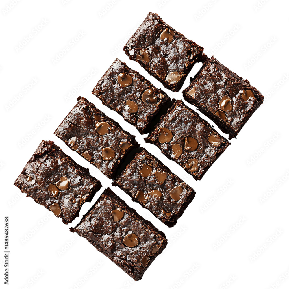 Poster brownies arranged in a square pattern, showcasing a rich, textured surface with visible chocolate ch