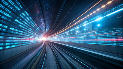 Futuristic train tunnel with digital lights and data streams speeding toward a bright cityscape.