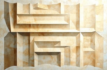 Abstract geometric architectural wall with sharp-edged rectangular and trapezoidal shapes in beige and brown tones creating a textured sculptural effect