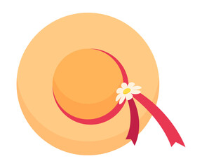 beach hat with red ribbon and daisy flower flat illustration