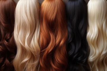 Naklejka premium Close-up of wavy hair strands in various natural colors including brown, blonde, red, black, and platinum blonde showing texture and shine