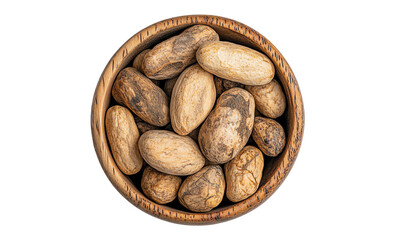 Obraz premium Nutmeg wooden bowl top view isolated on transparent white background, clipping path ,png