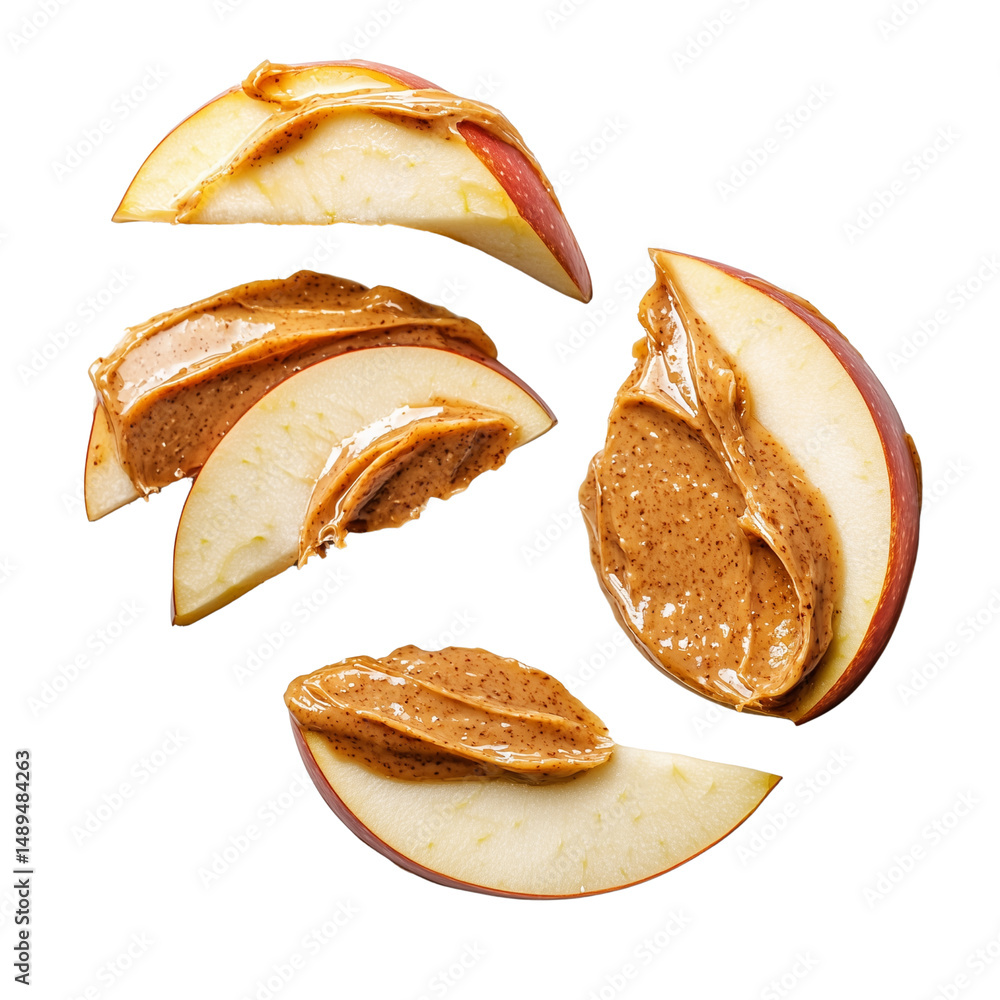 Poster dried apple slices with almond butter arranged in a circular pattern showcasing their texture and co