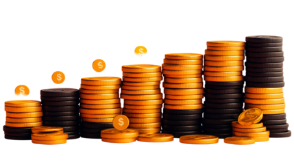 Growing stacks of gold coins on black background representing financial success
