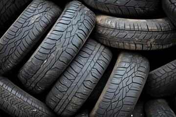 Obraz premium Close-up view of a pile of old worn black tires stacked together showing detailed tire tread patterns and textures