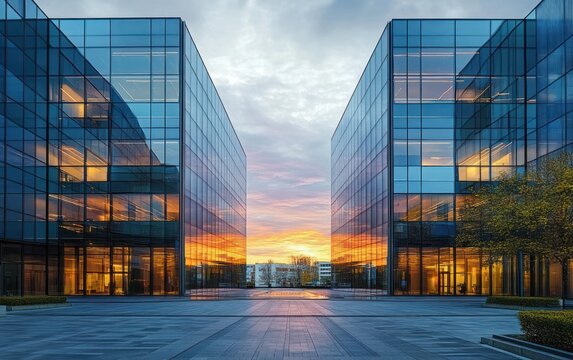 Modern glass office buildings reflecting a colorful sunset sky with a serene open plaza in between and a few small trees on the sides