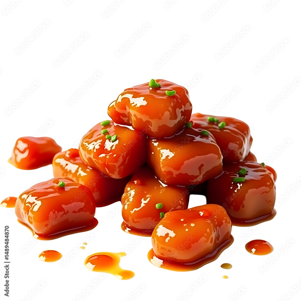 Poster photorealistic image displaying a stack of delectable sweet and sour bites with a glossy sauce and g