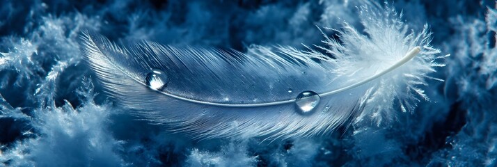 Serene White Feather Delicate Water Drops Blue Background Soft Nature Macro Photography up art pure