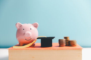 Concept of saving money for education, student loan, scholarship in future. Piggy bank with...