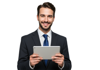 Smiling Businessman Holding Tablet Device on Transparent Background