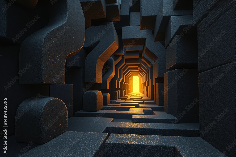 Poster surreal tunnel with textured question mark blocks on dark background, glowing orange light at end, c
