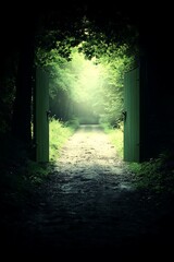 Open door to a mystical forest path