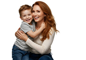 Mother and Son Hugging and Smiling, Isolated on Black