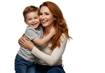 Mother and Son Hugging and Smiling, Isolated on Black