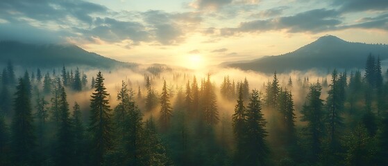 Sunrise over a misty mountain forest