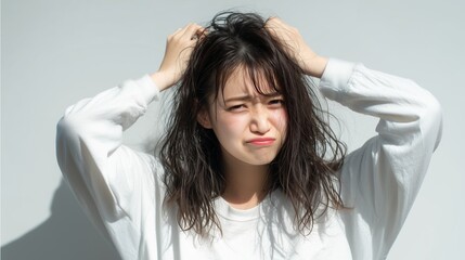 髪型が決まらずにイライラする女性