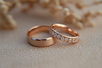Close-up of two rose gold rings placed on textured beige fabric, one plain ring and one adorned with small diamonds, evoking elegance and romance
