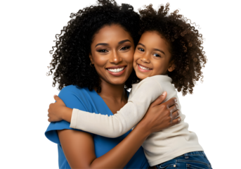 Mother and Daughter Hugging and Smiling Together on Transparent Background