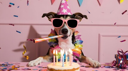 Festive Dog Birthday Party with Cake and Confetti