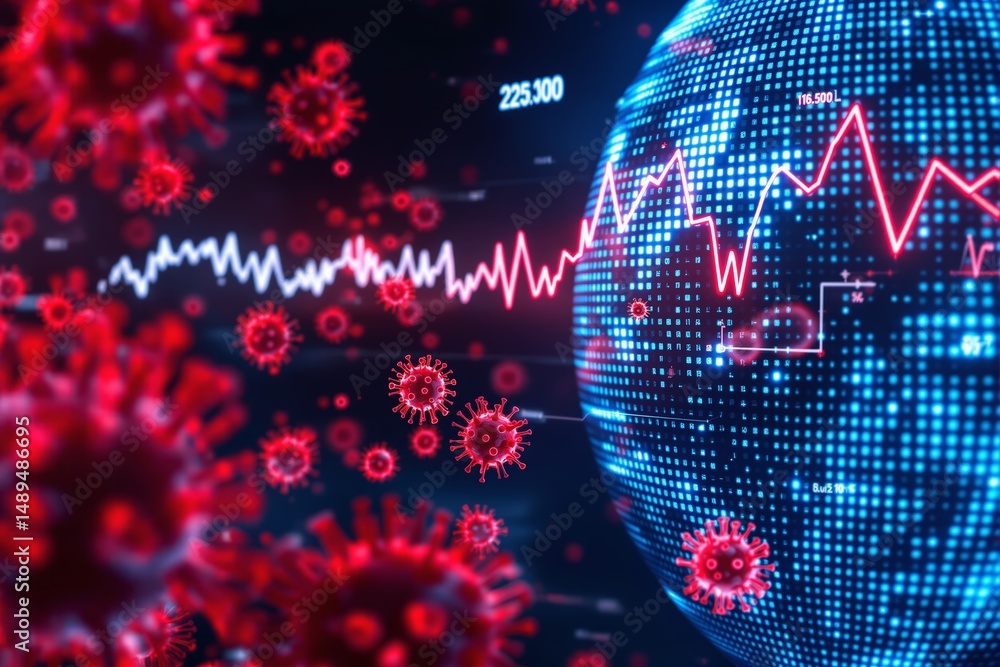 Aufkleber red virus particles floating in front of a digital globe with stock market graph lines, futuristic s