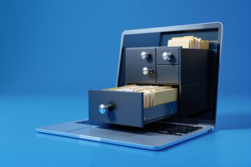 Laptop with an open cabinet drawer full of file folders, clean modern graphic style, on a blue background. Concept of digital file management and business