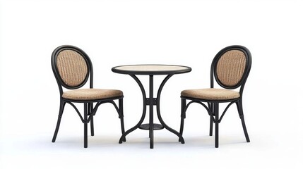 Stylish bistro furniture set featuring a round table and two chairs.
