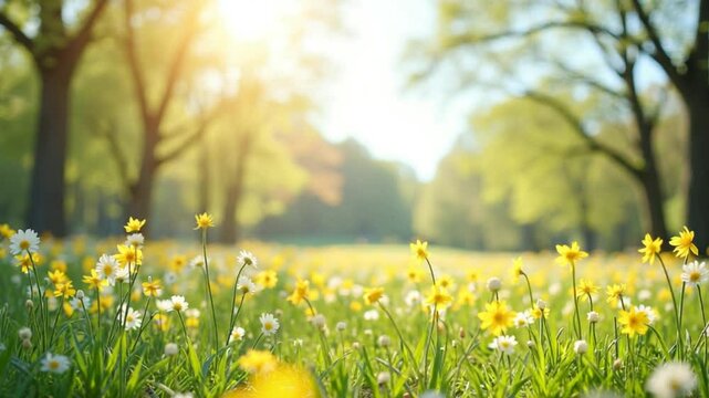 Zoom in view tranquil scenic vibrant spring landscape in sunny day. Spring pristine nature background