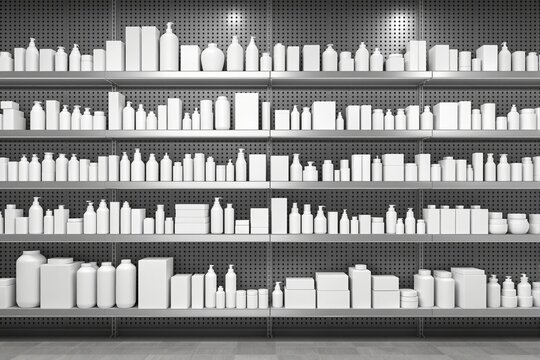 Empty white packaging on retail shelves in a realistic style against a perforated metal background wall. Concept of branding, retail, and business display
